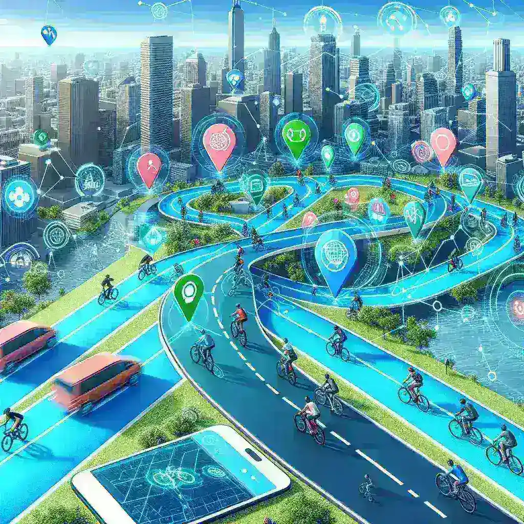 "Google Maps interface showcasing AI-powered biking route safety features, highlighting safe pathways and routes for cyclists in various U.S. cities."