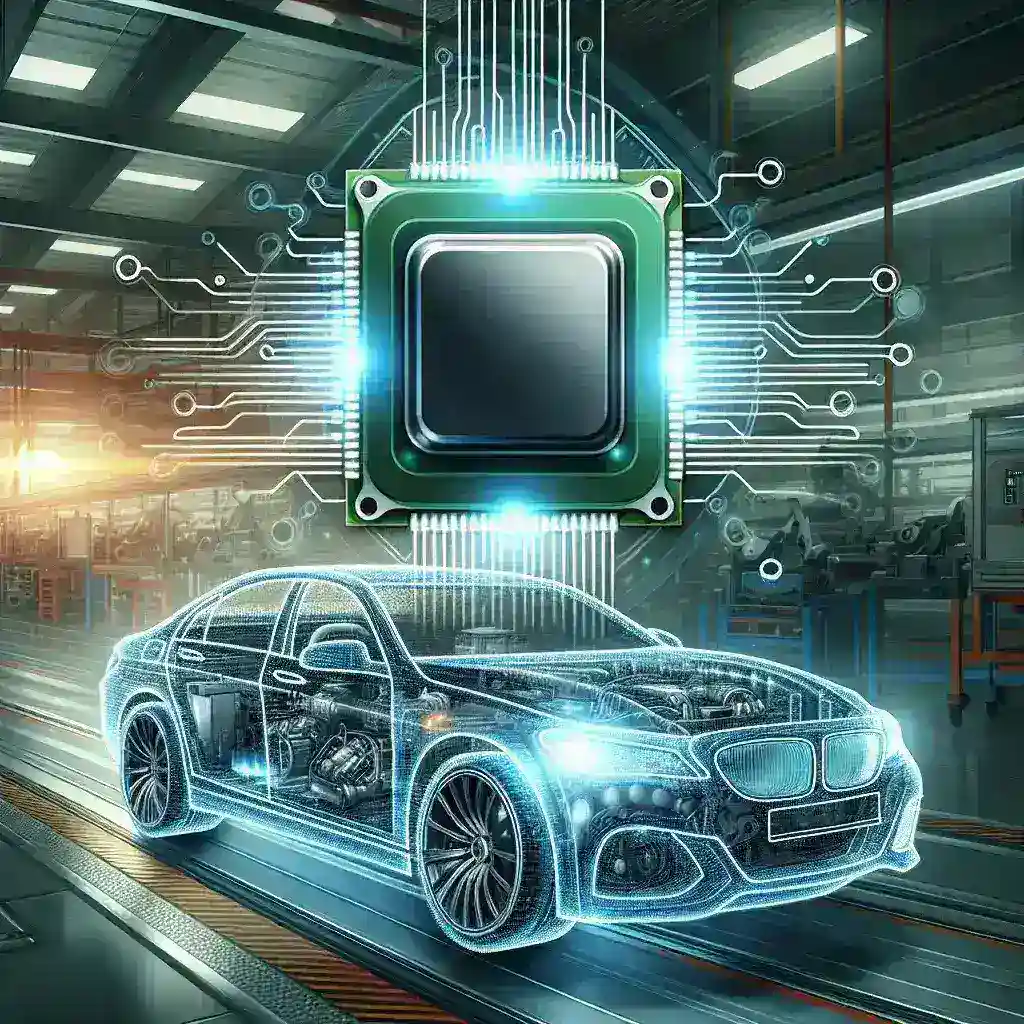 "Intel AI-specific processors designed for automotive applications, showcased in a tech infrastructure setting for cutting-edge vehicle innovation."