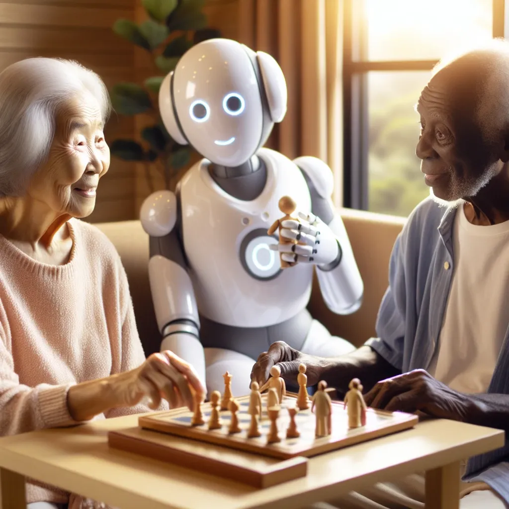 "Humanoid robot interacting with an elderly person, illustrating the role of robotic companions in enhancing social interaction and emotional well-being for senior care."